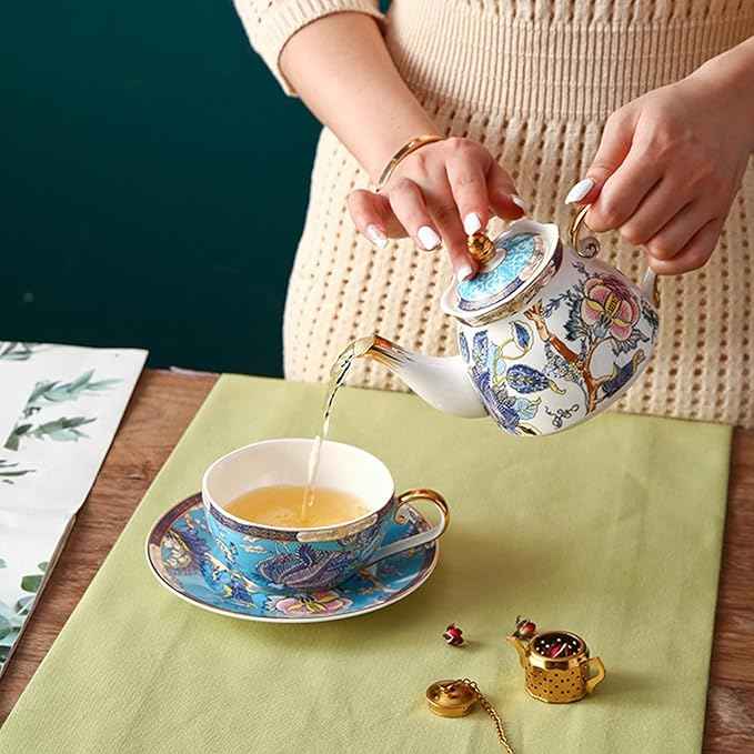 Generic 3 Pieces,Ceramic Blue Birds and Flowers Tea for One Set, Luxury Pot Tea Cup and Saucer Set with Teapot, for Room Decoration Party Service,Gift Package
