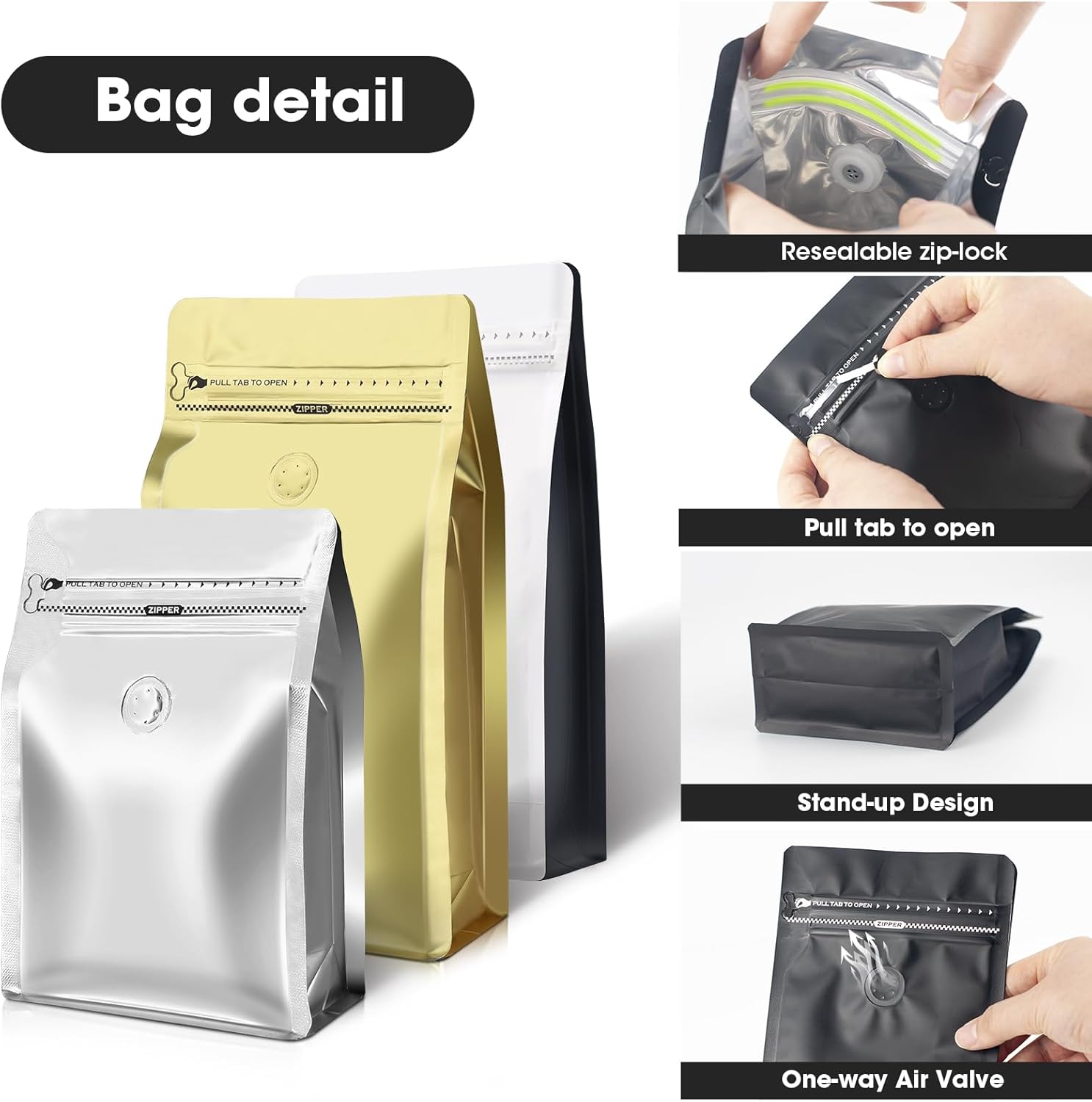 Coffee Bags with Valve(60pcs,16 oz,1 lb) Vented Coffee Beans Packaging Bags High Barrier Aluminumed Foil Flat Bottom Heat Sealed Side Zipper Resealable Storage Bag for Home or Business（White+Red）