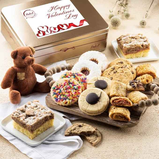 Dulcet Gift Baskets Happy Valentines Love Day Deluxe Bakery Mix of Assorted Cookies and Pastries with Decorative Teddy Bear for Women, Friend, College, Couples, Husband, Wife, Him & Her.