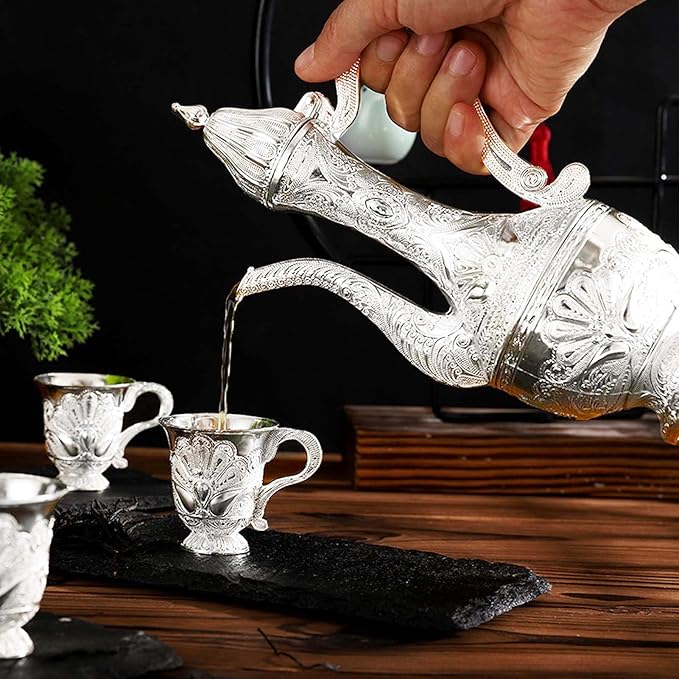 Turkish Coffee Cup and Tea Pot Set Including Teapot,Tea Tray,6 Metal Cups,Tea Service Set for Tea Table Decor,Hip Flask(Silver)