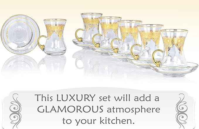 Gold Turkish Arabic Moroccan Tea Glasses Cups Set of 6 and Saucers Glassware Drinking Women Party Fancy Drinkware Style Vintage Persian Kitchen Decor Drinks