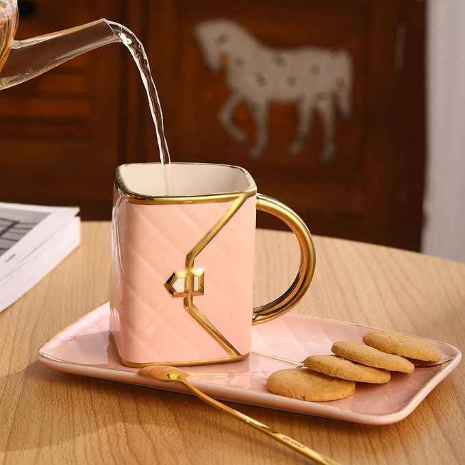 Handbag Shaped Mug, Handbag Coffee Mug And Saucer, Purse Coffee Ceramic Mug Set 10 Oz/ 310 ml Cute Creative Design Travel Tea Cup for Women Thanksgiving Christmas Gifts