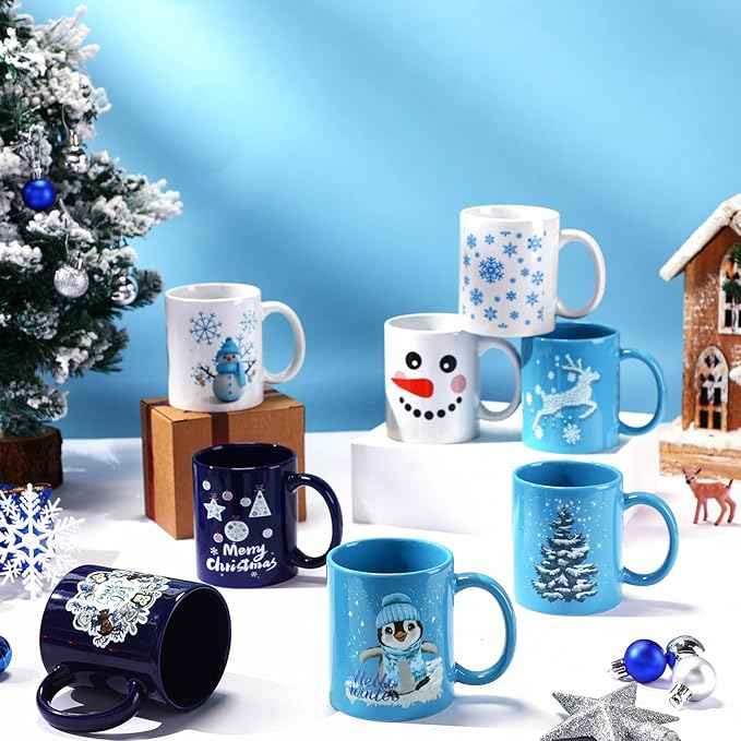Maxdot 8 Pcs Winter Coffee Mugs 12 oz Christmas Coffee Mugs Set with Handle Ceramic Matching Mugs for Home School Office Table Centerpieces House Warming Holiday Party Gift