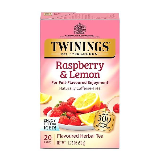 Twinings Raspberry & Lemon Herbal Tea Individually Wrapped Bags, 20 Count (Pack of 1), Unsweetened, Refreshing & Fruity, Naturally Caffeine-Free, Enjoy Hot or Iced