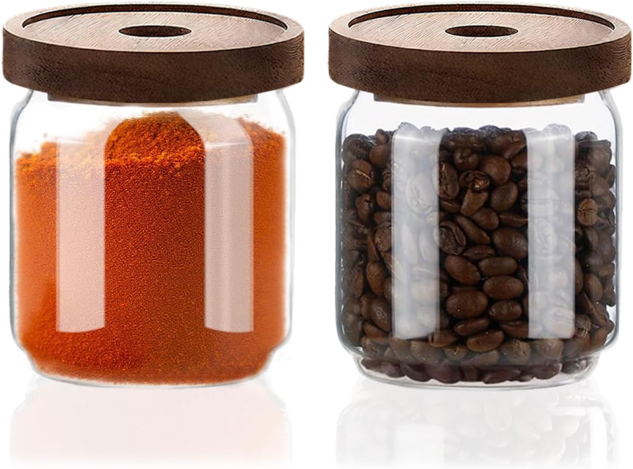 Glass Jars with Airtight Wood Lids - 17 oz Small Kitchen and Pantry Storage Containers, Canisters for Chia Seed, Ground Coffee, Sugar, Spice, Salt, Salad, Matcha, Set of 2