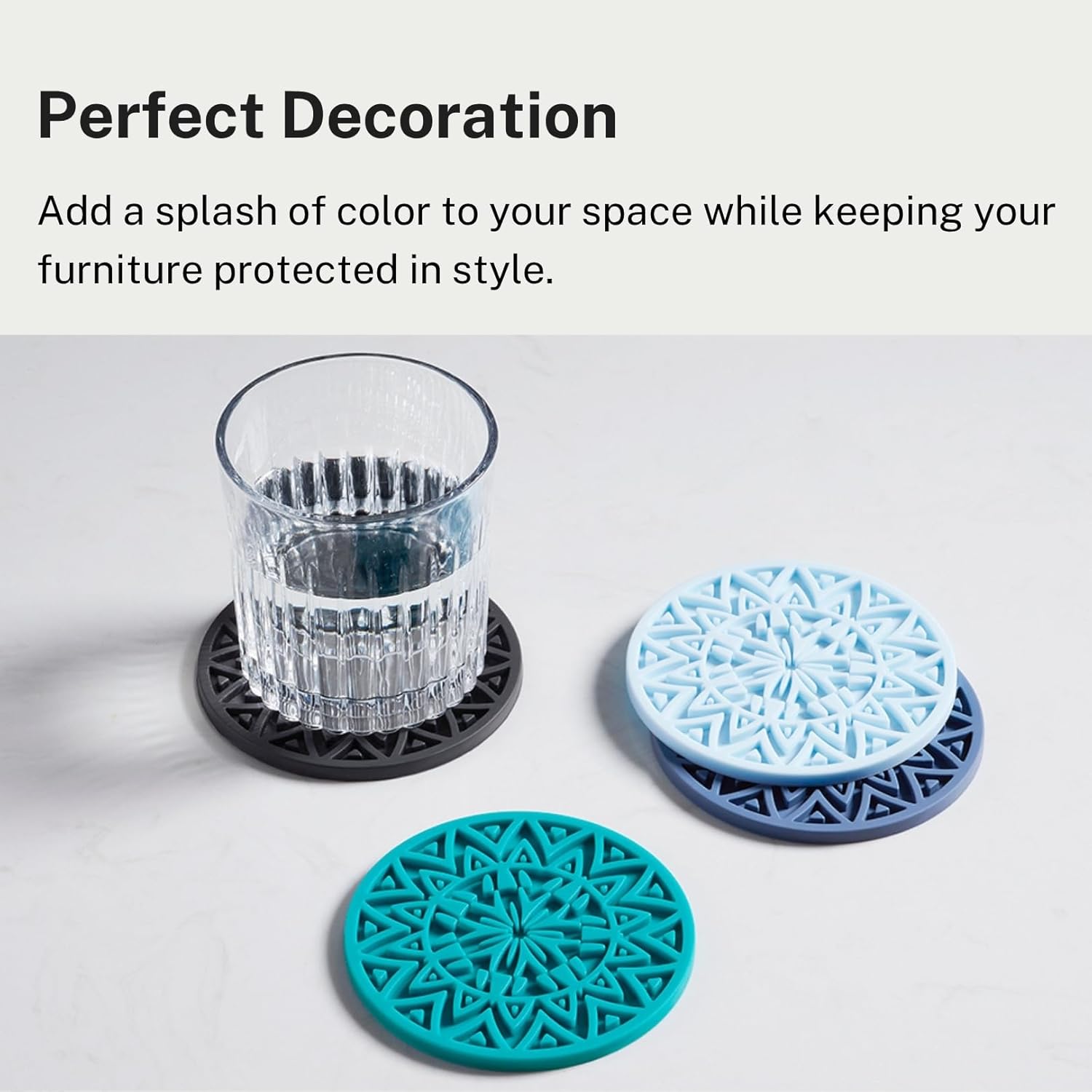 Set of 6 Black Silicone Coasters with Holder, Drink Coasters with Tribal Pattern Shape- for Table Protection, Anti Slip, Nonstick, Heat Resistant, Deep Tray