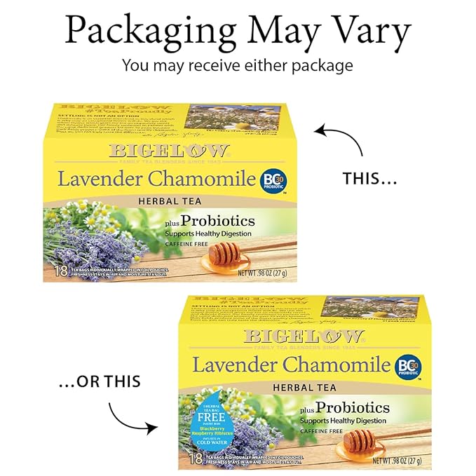 Bigelow Lavender Chamomile Plus Probiotics Herbal Tea, Caffeine Free with Lavender Chamomile, Box, 108 Total Tea Bags, 18 Count (Pack of 12)