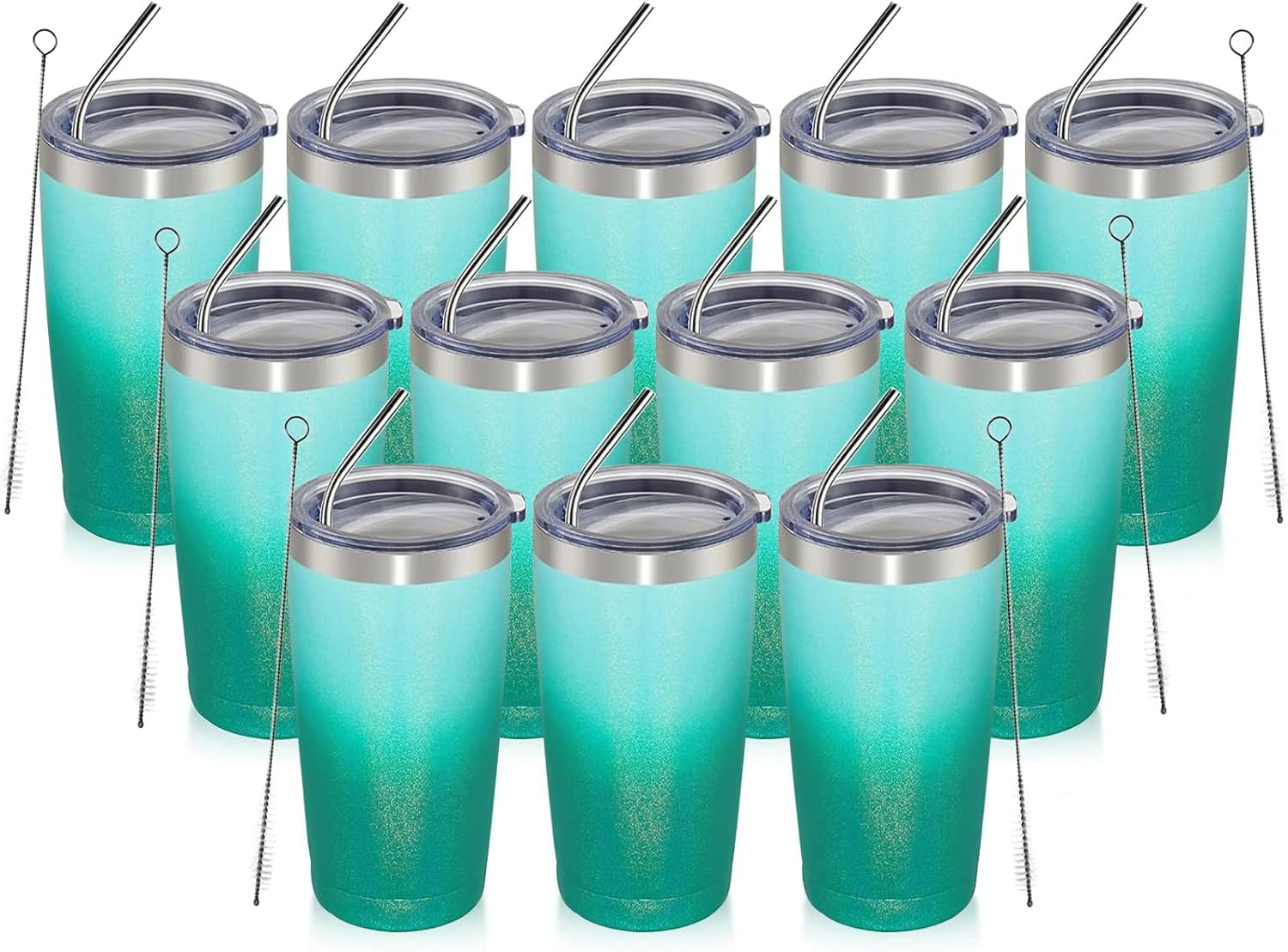 MEWAY 20oz Tumbler 12 Pack Double Wall Vacuum Insulated Travel Glitter Mug Bulk, Stainless Steel Tumblers with Lid and Straw, Powder Coated Coffee Cups for Woman(Gradient Green,Set of 12)
