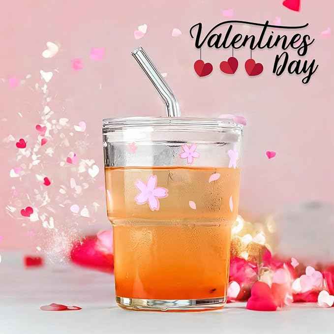 Iced Coffee Cup, 15Oz/450ml Glass Cups With Lids And Straws, Iced Coffee Glasses Tumbler, Thick Wall Mug For Tea Water With Glass Straw, Coffee Cute Tumbler Gifts (Pink)