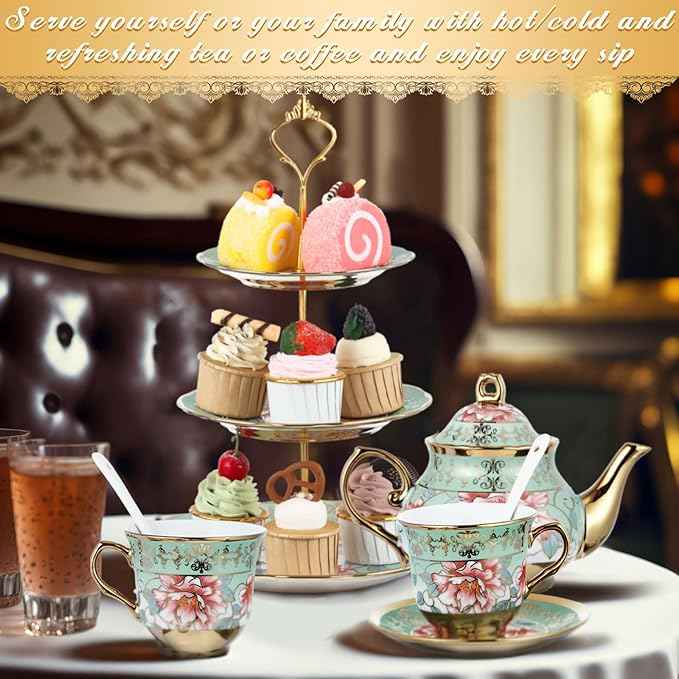 Maxcheck 21 Pcs Porcelain Tea Set for Women Tea Party with Metal Holder and 3 Tier Cake Stand Ceramic European Floral Teapot Set for Adults Mother's Day Christmas Thoughtful Gift(Fresh Style)