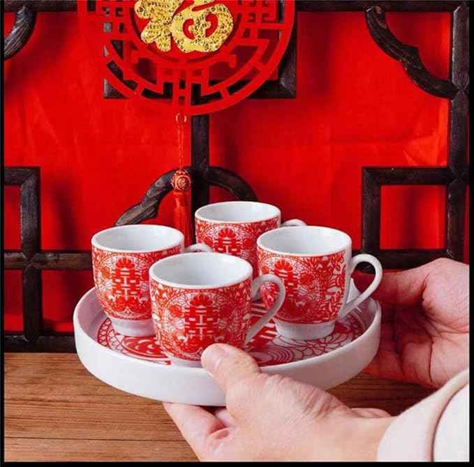 Chinese Tea Gift Set Service Porcelain Tea Pot 4 Cups tray for Adults Men Women Tea Ceremony Wedding Party Home Decor (Double Happiness S)