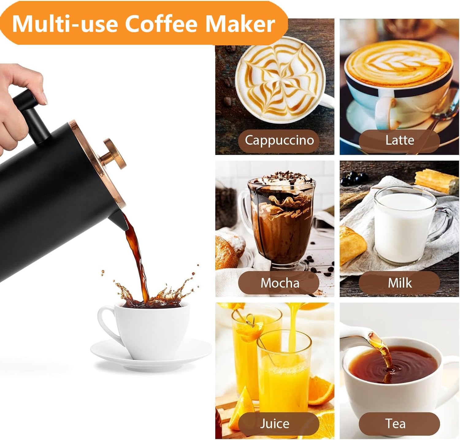Stainless Steel French Press Coffee Maker 1500ml, Black Double-Wall Insulated Large French Coffee Press for travel camping,Large Capacity （50oz, Black） - Blissbrew