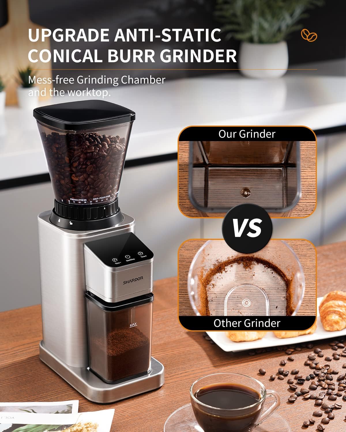 SHARDOR Professional Conical Burr Coffee Grinder, Coffee Bean Grinder with 48 Grind Settings for Espresso, Drip & French Press, Upgraded Anti-Static Technology, Precision Timer, Stainless Steel - Blissbrew
