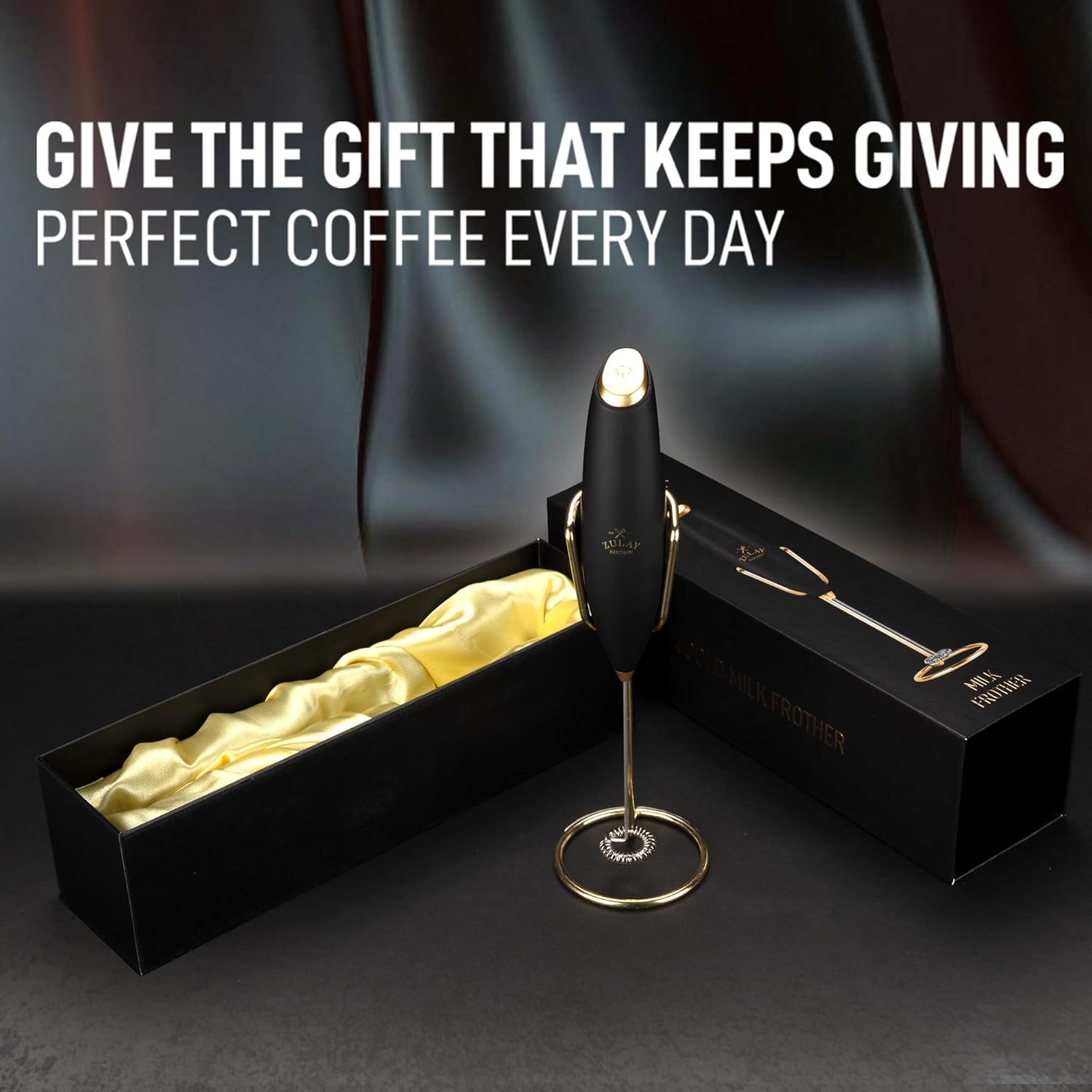 Zulay Kitchen Executive Series Luxury Gift Milk Frother with 4 Duracell Batteries – Handheld Electric Foam Maker for Coffee, Lattes & Hot Chocolate – Deluxe Finish, Ultimate Gift for Coffee Lovers