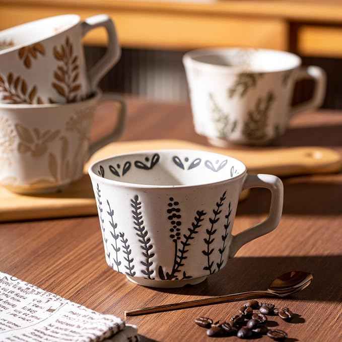 Mug Set of 2 Coffee Mugs Set 11 Ounce, Porcelain Cups for Latte, Hot Tea, Cappuccino, Cocoa, Soup, Dishwasher, Microwave Safe, Christmas Gift Set (Willow leaf & Vines)