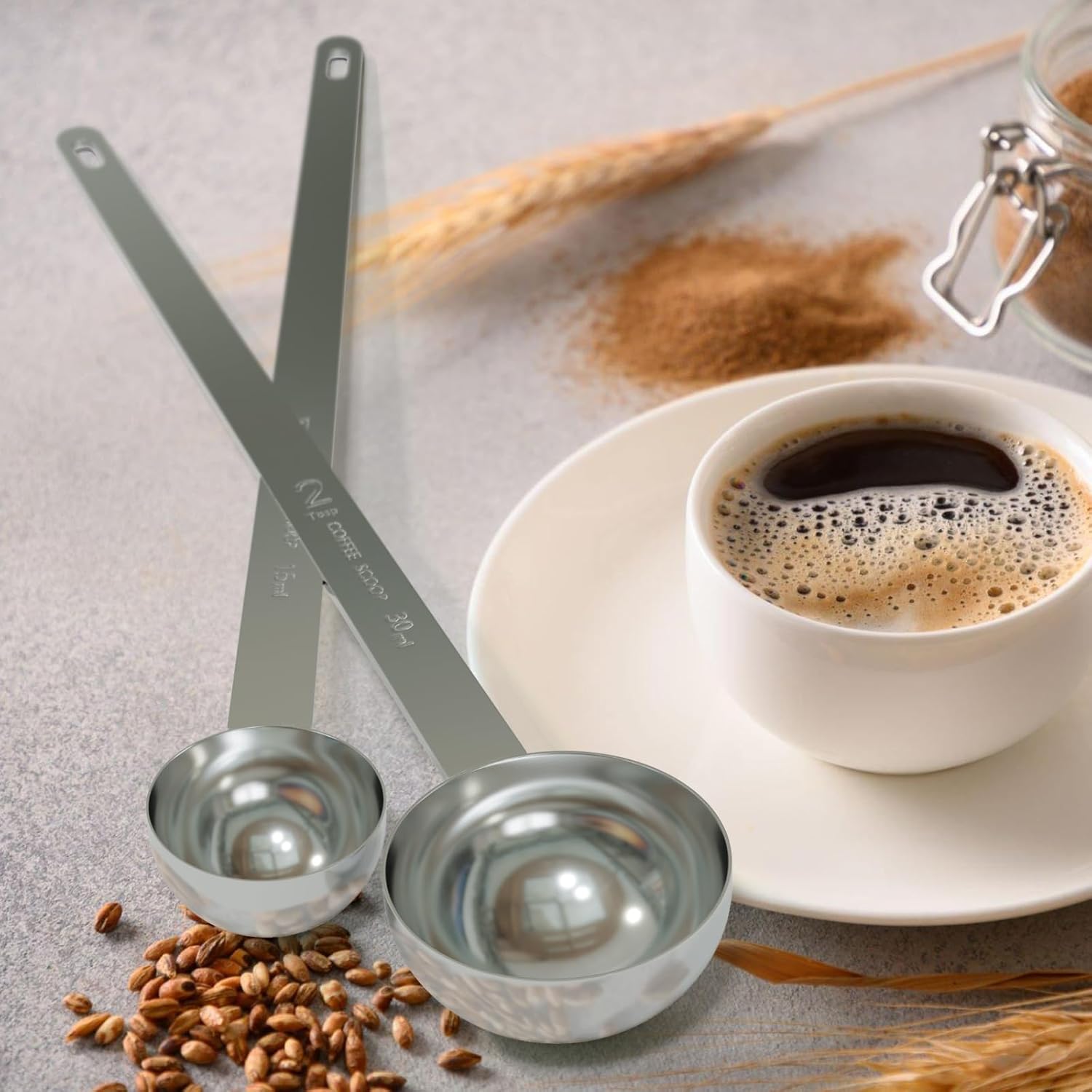 2PCS Coffee Scoop Set (1tbsp, 2tbsp), Extra Long Handle Measuring Spoon, 15 ml and 30 ml Stainless Steel Coffee Scooper