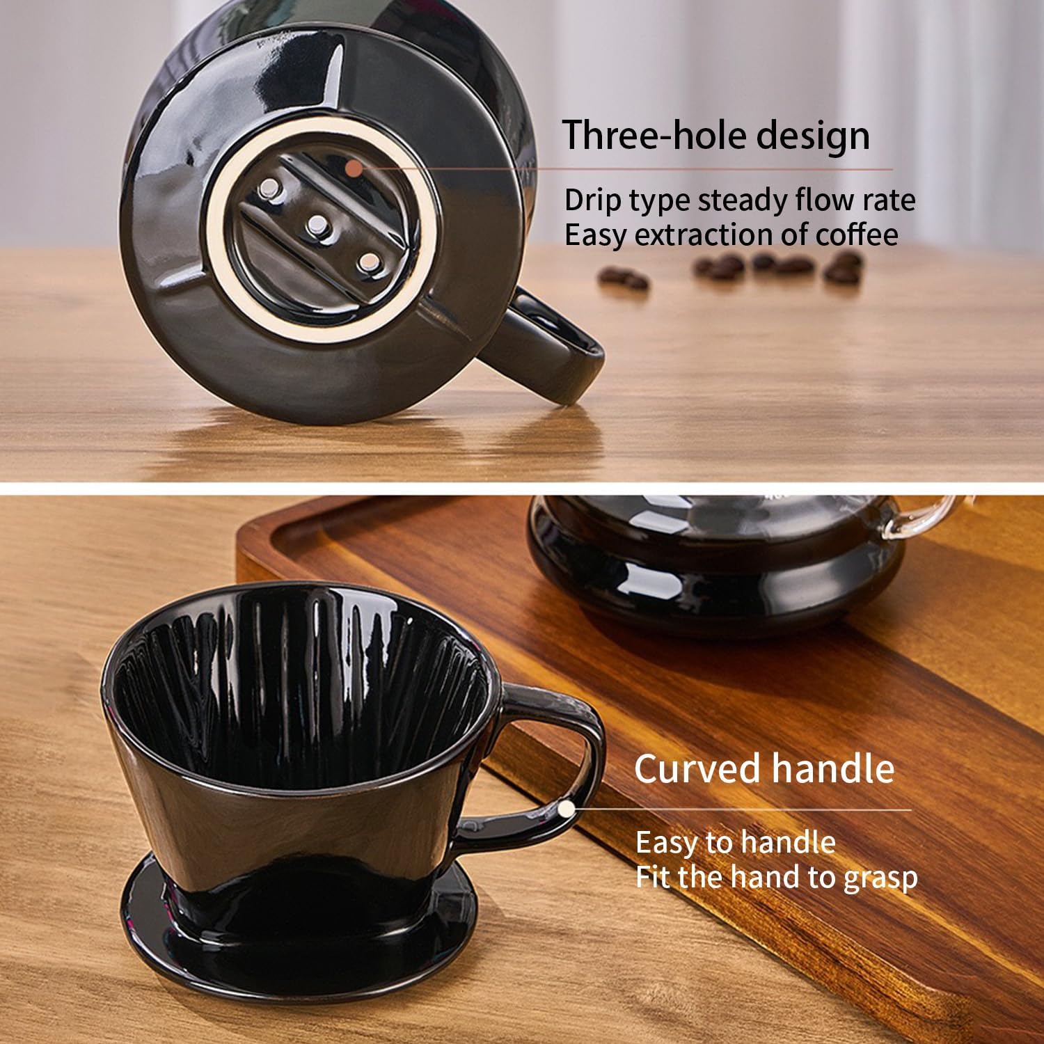 Pour Over Coffee Maker, Single Cup Coffee Dripper, Manual Porcelain Slow Brewing Accessories for Travel, Camping, Office, Home, Cafe, Coffee Gifts (Black, Medium)