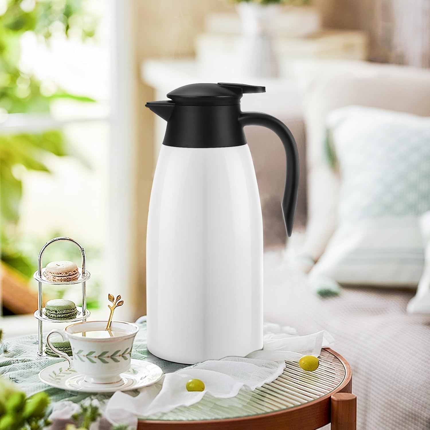 68oz Thermal Coffee Carafe, 2 Pack Airpot Insulated Coffee Urns Stainless Steel Vacuum Thermal Pot Dispenser for Coffee, Hot Water, Tea, Hot Beverage - Keep 12 Hours Hot, 24 Hours Cold (White)