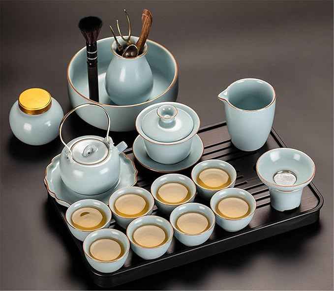 Sky Blue Ru Kiln Gongfu Tea Set, Ceramic Teapot and Gaiwan-suit23