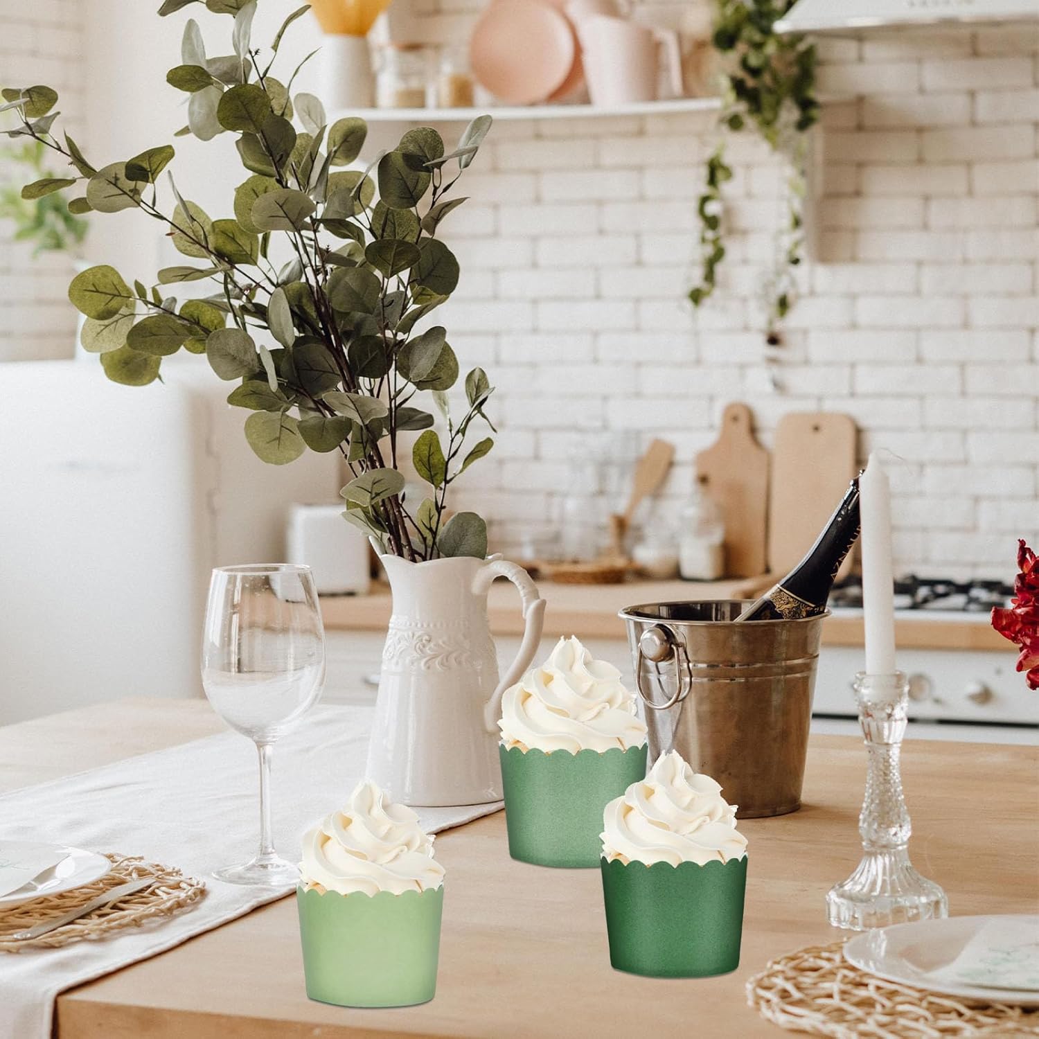 Whaline 120Pcs Sage Green Paper Baking Cups Scalloped Edge Cupcake Wrappers Gradient Green Cupcake Muffin Cases for Wedding Birthday Baby Shower, 3 Colors