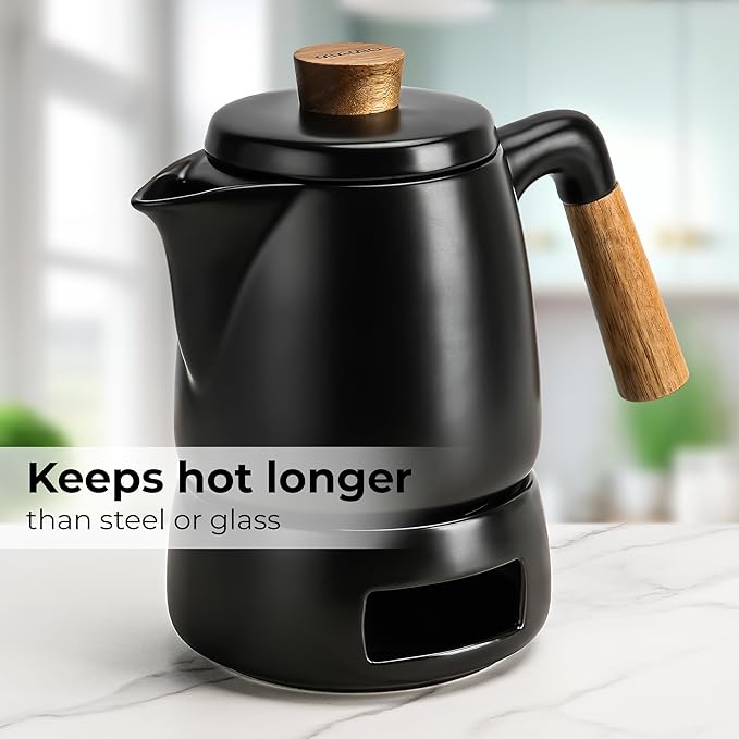 MIAMIO - Teapot Set with Warmer / 34 oz Tea Kettle with Infuser for Steeping Loose Tea Leaves - Gift for Women/Tea Lovers (Black)