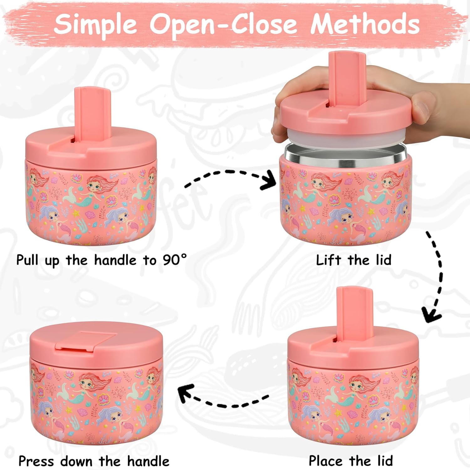 12oz Insulated Vacuum Food Jar with Buckle Lid Wide Mouth Soup Thermo for Hot Food Kids Leakproof Stainless Steel Lunch Container (mermaid) - Blissbrew