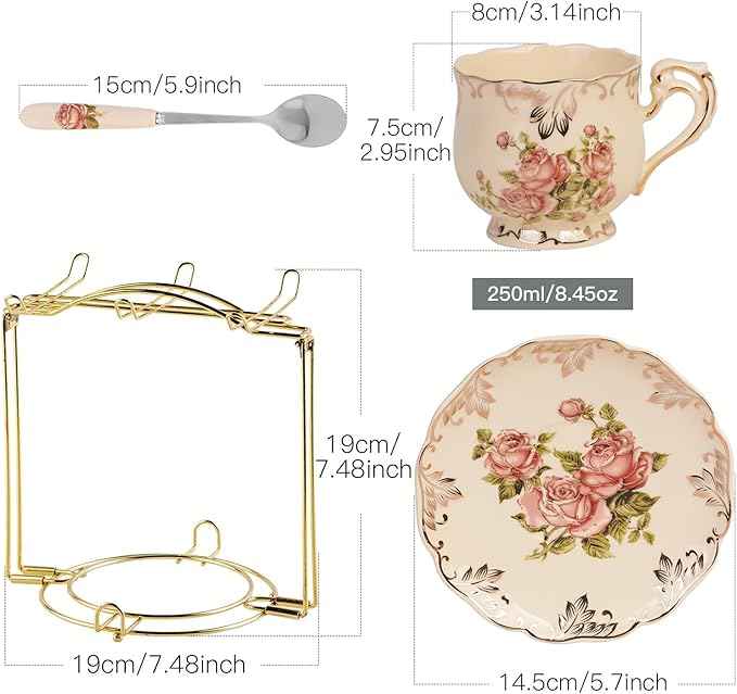YOLIFE 8 OZ Pink Rose Tea Cups and Saucers Set of 6, Ivory Vintage Floral Porcelain Teacups Set, Coffee Cups with Golden Rack