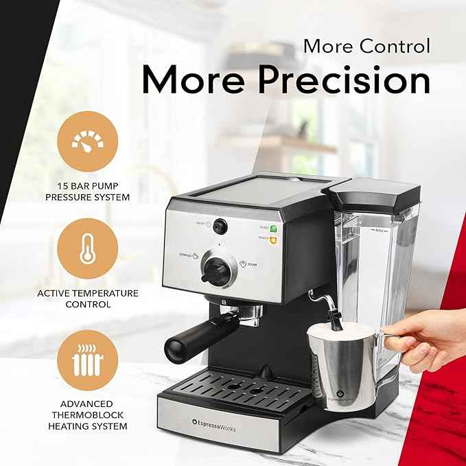 EspressoWorks All-In-One Espresso Machine with Milk Frother 7-Piece Set - Latte Maker Includes Grinder, Frothing Pitcher, Cups, Spoon and Tamper - Coffee Gifts (Stainless Steel)