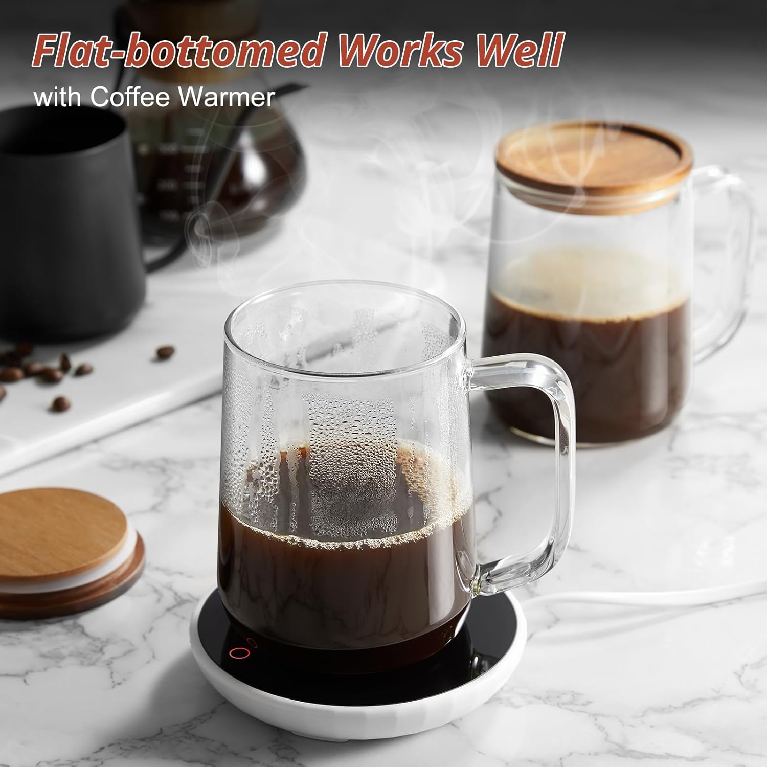 Glass Coffee Mugs, 16 oz Glass Coffee Cups with Acacia Wood Lids, Clear Borosilicate Glass Mugs with Handles for Cappuccino, Tea, Latte, Hot/Cold Beverages, Wine, Americano, Set of 2