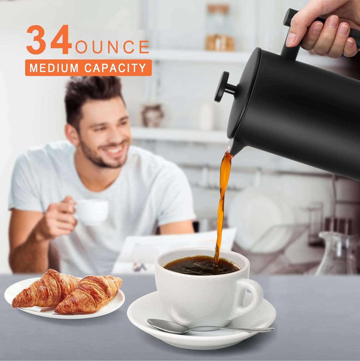 Secura French Press Coffee Maker with 3-Layer Stainless Steel Filter, 34 oz Black, Double-Walled Insulated Design with 2 Extra Filters - Blissbrew