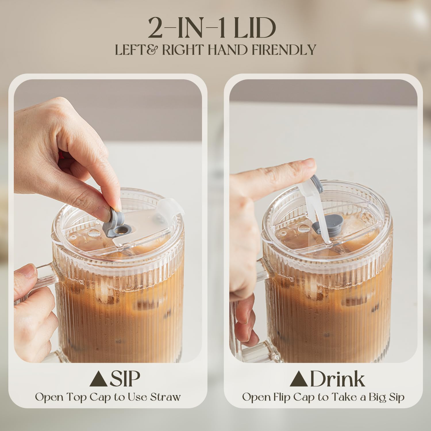 KEMORELA 4PCS 24oz Ribbed Glass Tumblers with Lids & Straws – Textured Handle Drinking Glasses for Iced Coffee, Smoothies, Cold Beverages – Reusable Clear Drinkware Set, Dishwasher Safe