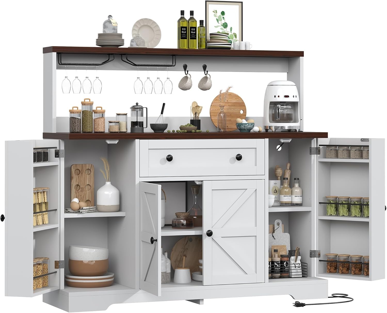 Hutch Storage Buffet Cabinet with Drawers, and Charging Station, Coffee Bar Cabinet with Barn Doors, Wine Rack and Hooks, White Wood Sideboard Buffet for Kitchen, Dining Room, 47.8
