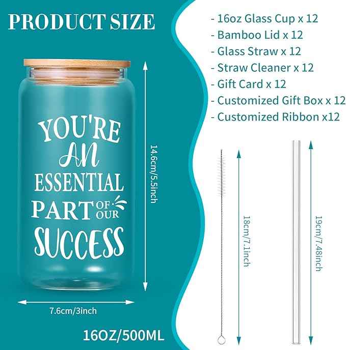12 Pcs Employee Inspiration Glass Cups Set, OLSUNOR Personalized Inspirational Thank You Gifts for Staff Coworker 16 oz Can Shaped Beer Glass Cups, Gift Box and Card for Team Women Men Teacher Friends