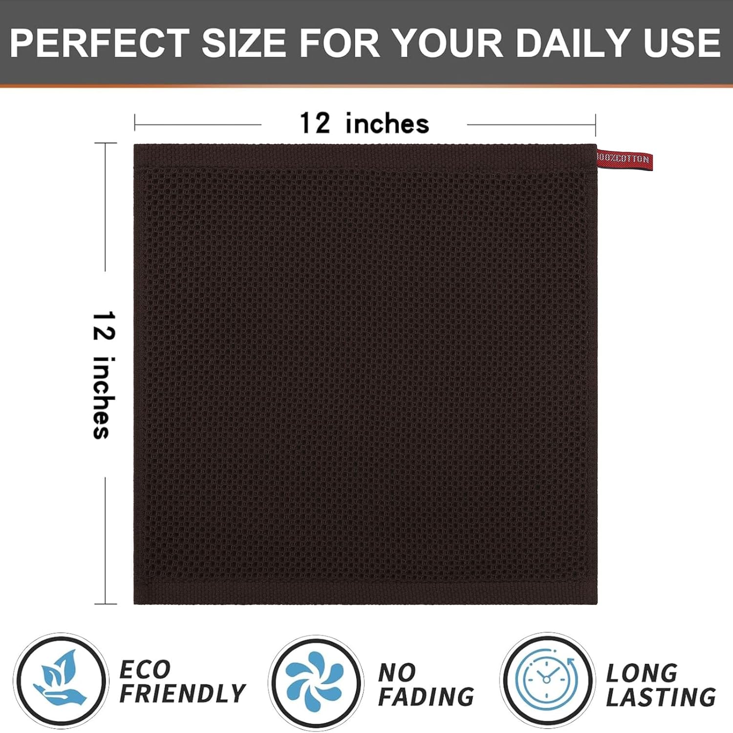 Kitinjoy 100% Cotton Kitchen Dish Cloths, 12 Pack Waffle Weave Ultra Soft Absorbent Dish Towels for Drying Dishes Quick Drying Kitchen Towels Dish Rags, 12 X 12 Inches, Dark Brown