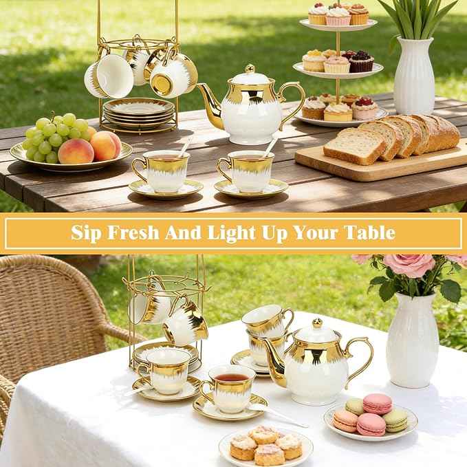 Porcelain Tea Set, Large Ceramic Tea Set for Adults with Metal Holder, 20 Pcs European Tea Cup Set, Luxury Adult Tea Sets Gift, Gold Trim Tea Cup Saucer Sets for Party Deco,1000ML (Gold Trim)