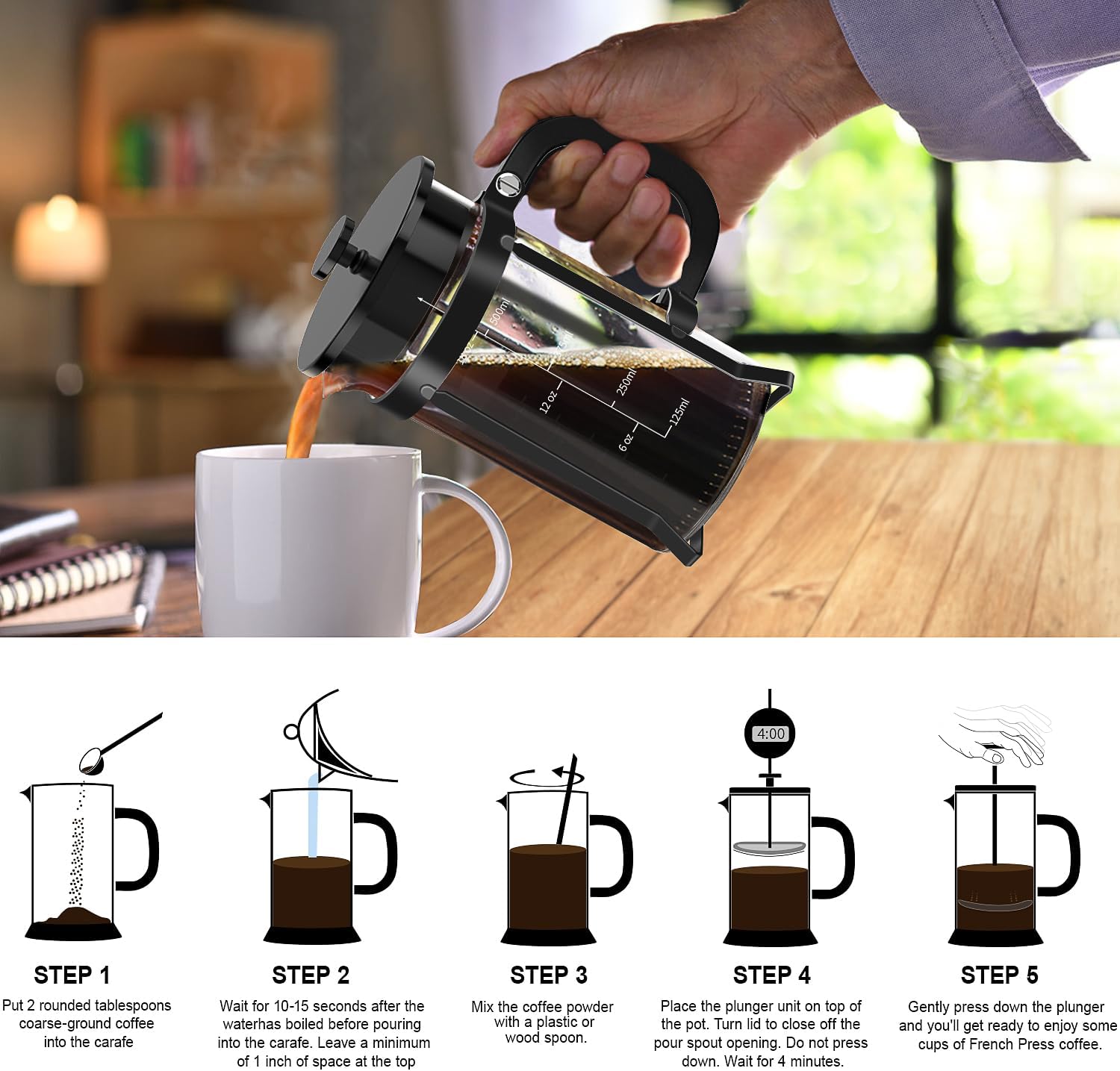 QUQIYSO French Press Coffee Maker 304 Stainless Steel French Press with 4 Filter, Heat Resistant Durable, Easy to Clean, Borosilicate Glass Coffee Press, 100% BPA Free Glass Teapot, 21 ounce, Black - Blissbrew