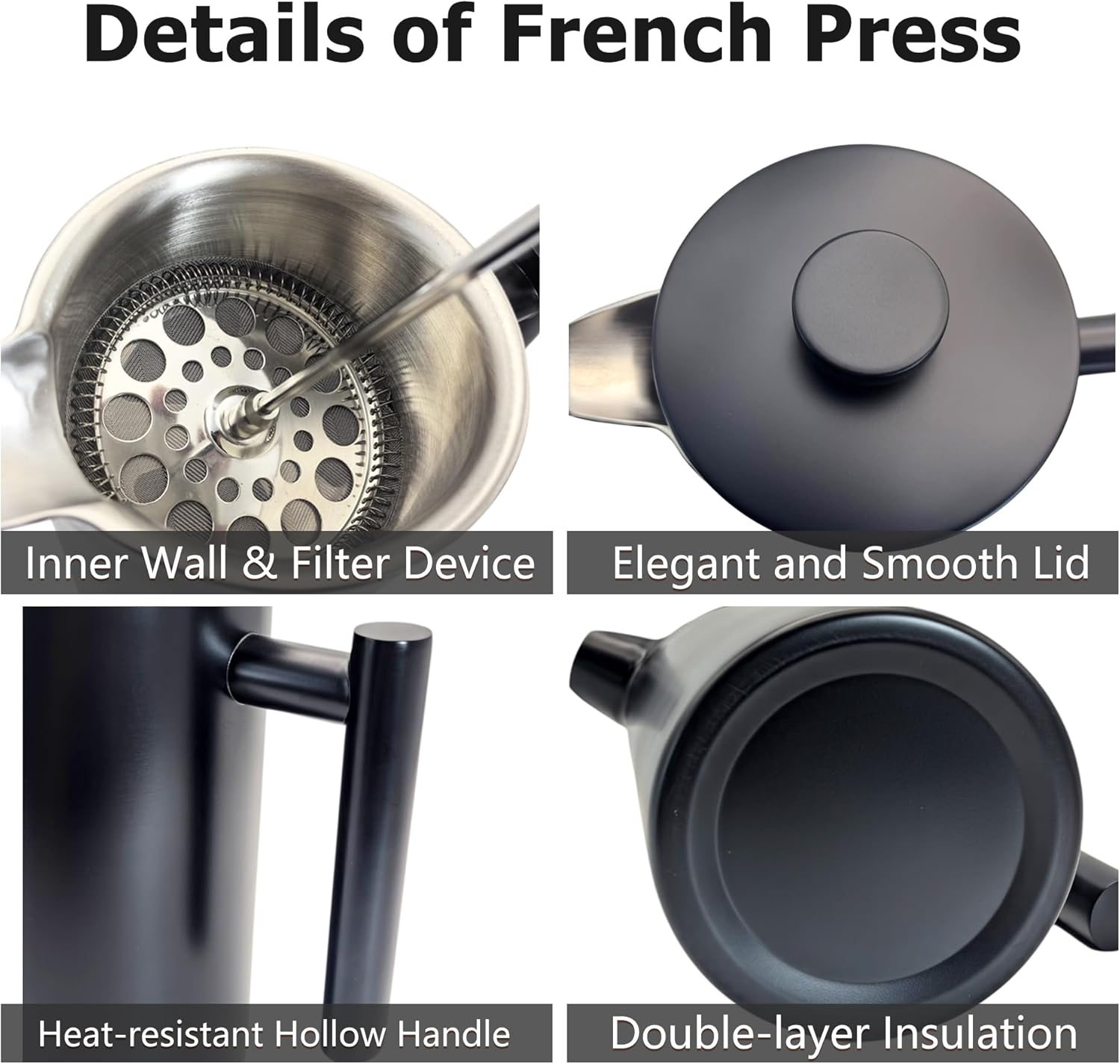 YJX 34oz Coffee Maker, Stainless Steel French Press, 1 Liter Camping Coffee Pot, Tea Maker, 34 Ounce Travel Coffee Presses, Heat Resistant Double Insulated (Black) - Blissbrew