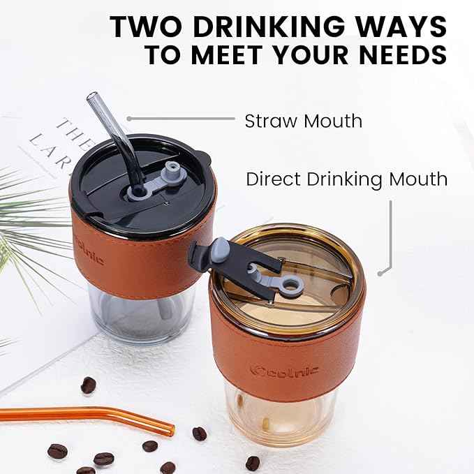 Iced Coffee Cup, 15 oz Glass Cups With Lids And Straws, Iced Coffee Glasses Tumbler, Thick Wall Mug For Tea Water With 2 Straw And Leather Sleeve, Glass Tumbler Gifts