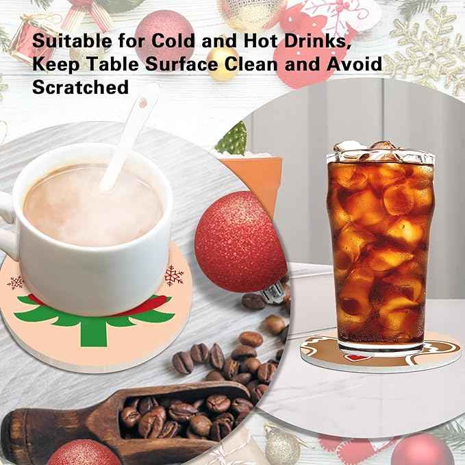 Christmas Cute Drink Coasters with Holder Set of 6, Xmas Tree Santa Claus Absorbent Ceramic Cup Mat for Coffee Table Protection, 4 Inches Winter Holiday Home Kitchen Decor Housewarming Gifts