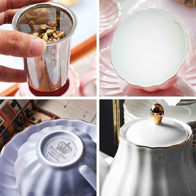 Porcelain Tea Sets British Royal Series, 8 OZ Cups& Saucer Service for 6, with Teapot Sugar Bowl Cream Pitcher Teaspoons and tea strainer for Tea/Coffee, Pukka Home(purple)