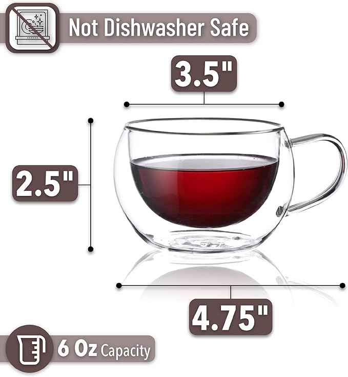 BTaT- Double Walled Espresso Cups, 6 oz, Set of 4, Clear Coffee Mugs, Double Wall Insulated Espresso Cups, Small Coffee Mugs for Tea, Lattes, Macchiatos, Hot & Cold Beverages, Microwave Safe
