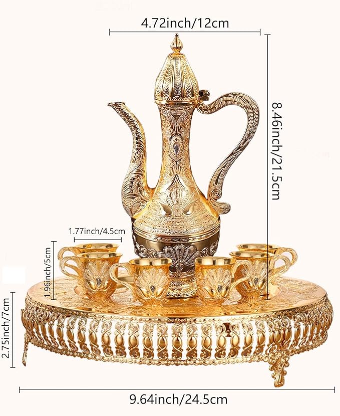 Turkish Coffee Cup and Tea Pot Set Including Teapot,Tea Tray,6 Metal Cups,Tea Service Set for Tea Table Decor,Hip Flask(Gold)