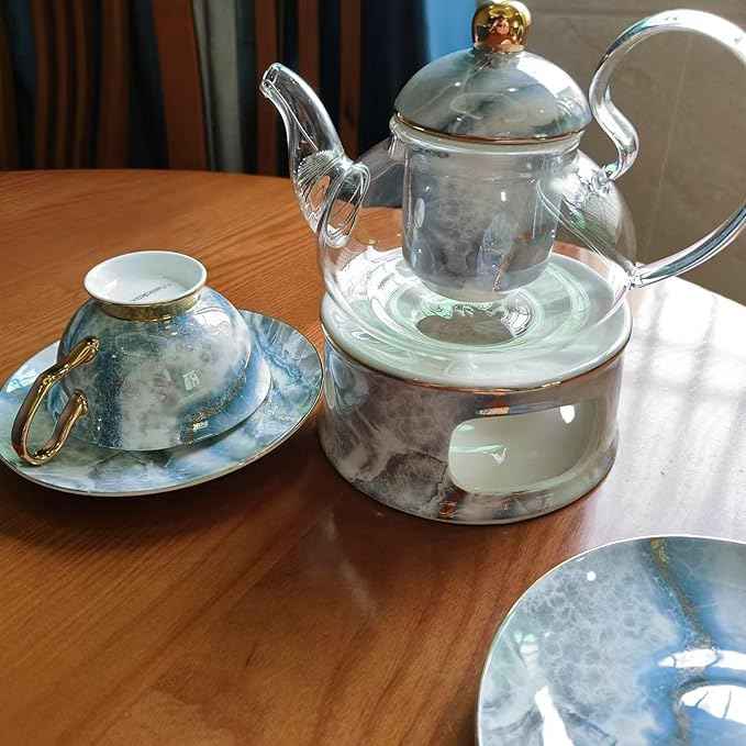 China Bone Porcelain Coffee Tea Set, English Light Luxury Afternoon Tea Set with Tea Stove Suitable as A Gift for Mother'S Day, Birthday, Christmas, and Gatherings (4-Sea Mist Cup)