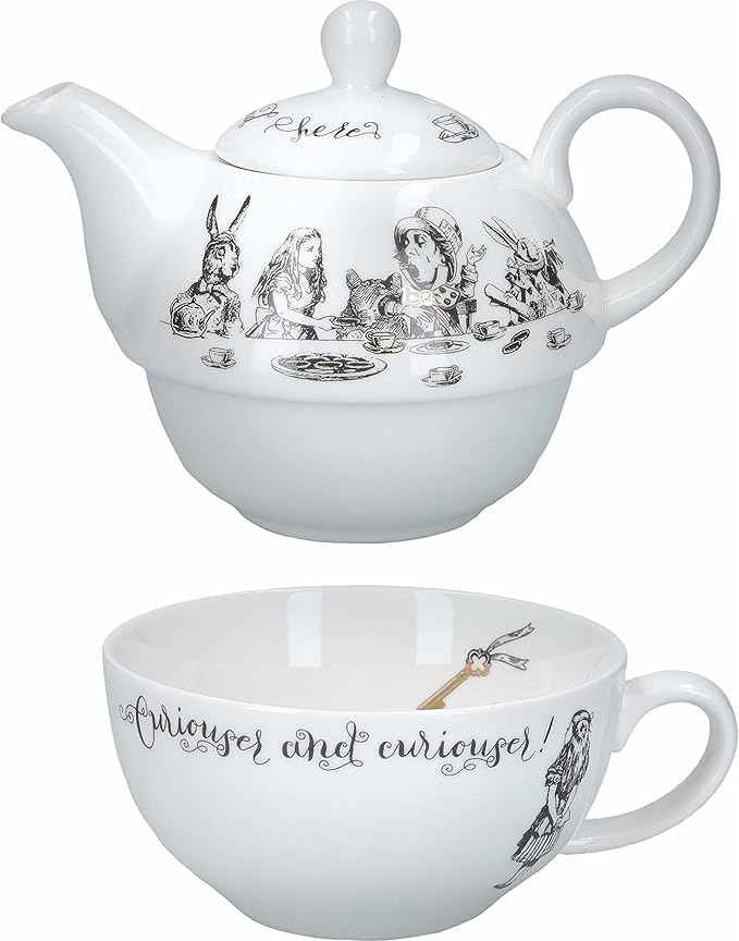 V&A Alice in Wonderland Teapot and Cup Set For 1 in Gift Box, Fine China Tea Set, White, 250 ml