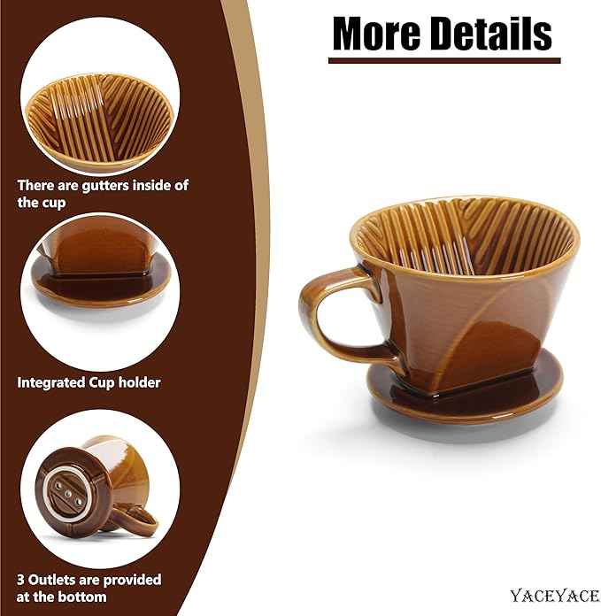 Pour Over Coffee Dripper, Single Brown Ceramic Pour Over with 3 Holes, Medium Pour Over Coffee for Shop, Home, Office and Bar