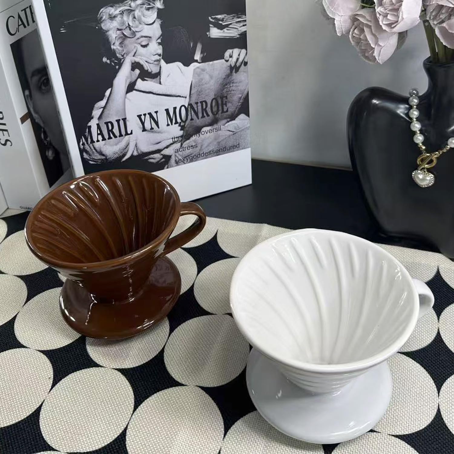 Pour Over Coffee Maker, Single Cup Coffee Dripper, Manual Porcelain Slow Brewing Accessories for Travel, Camping, Office, Home, Cafe, Coffee Gifts (Brown, Large,2-4Cups)