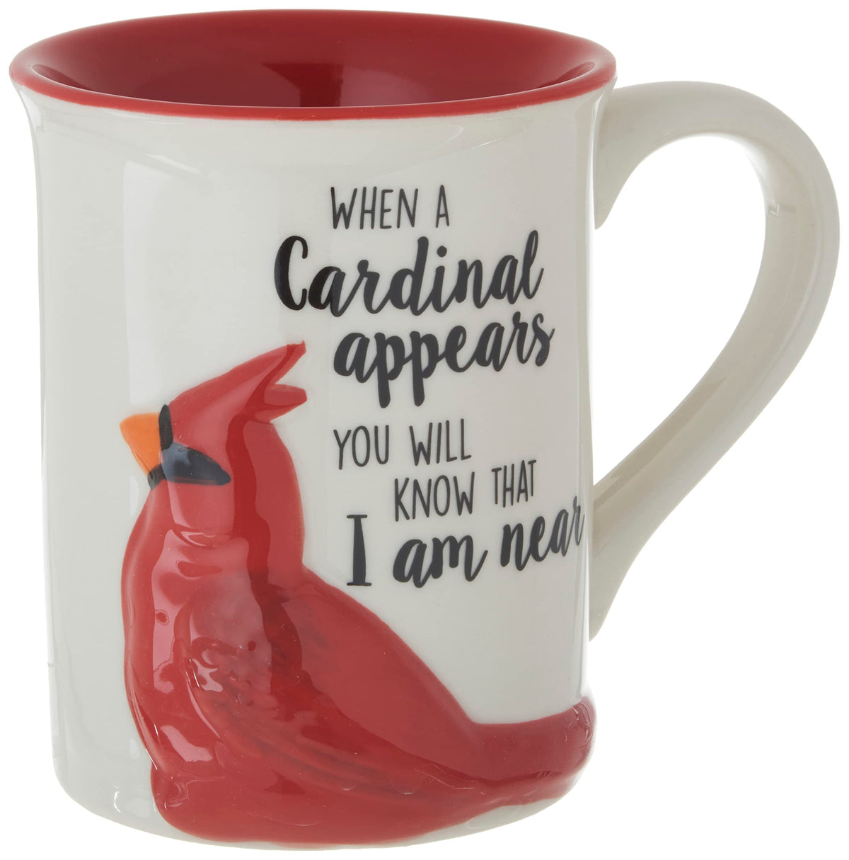 Sculpted cardinal stoneware coffee mug, front view