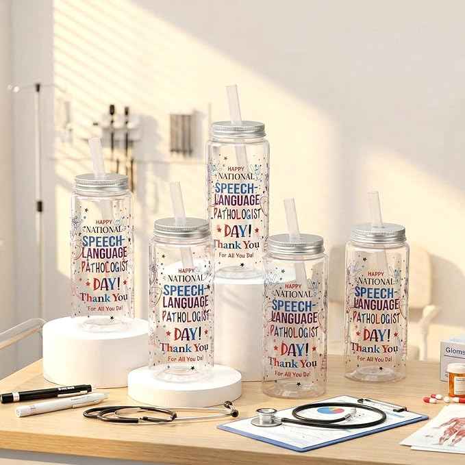Vesici 12 Pcs Gift 14.2oz National Speech-language Pathologist (SLP) Day Gifts Tumbler with Lid and Straw Plastic Reusable Tumbler Bulk Speech Therapist Gifts Drinking Cup for SLP Day Party Favors