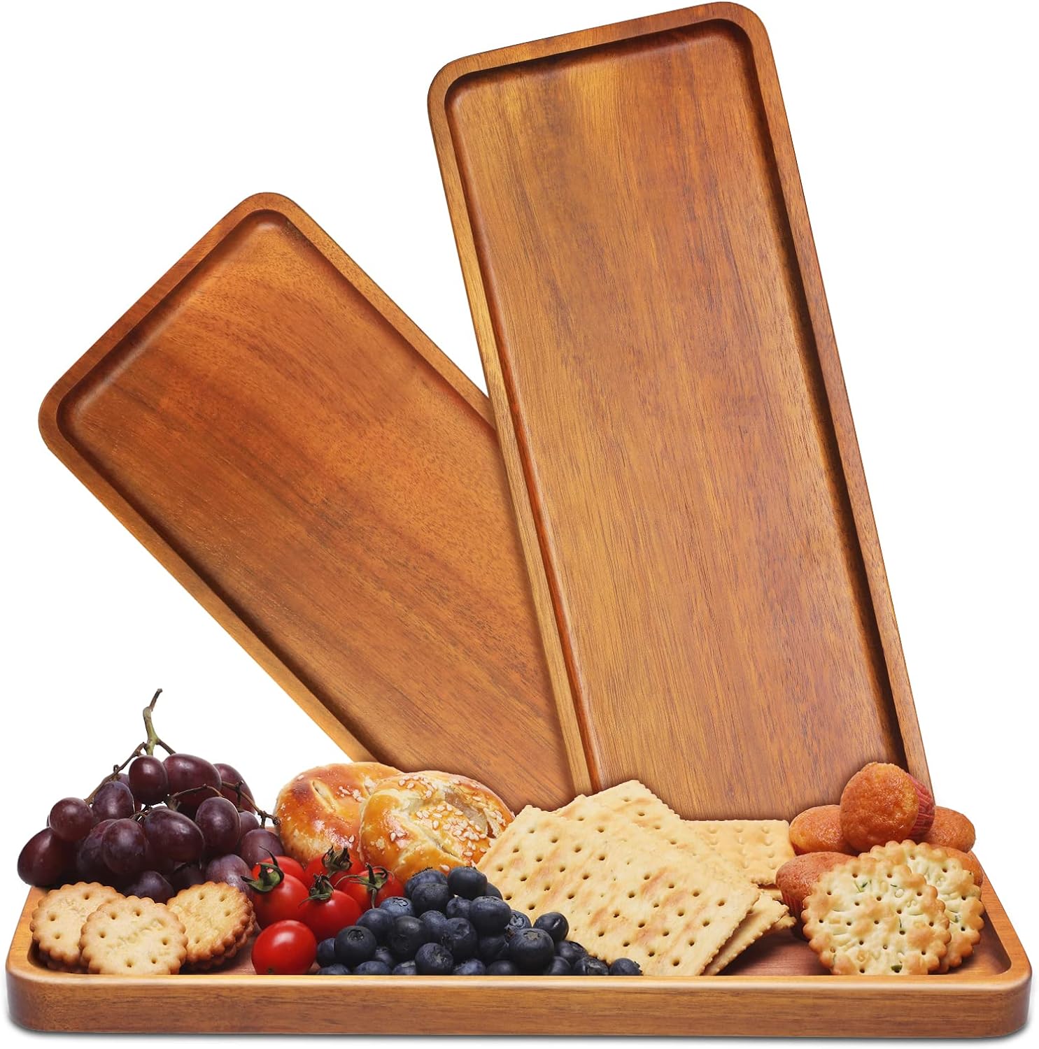 Solid Acacia Wood Serving Trays and Platters - Wooden Mini Charcuterie Boards, Rectangle Small Cheese Board for Food, Bathroom, Home Decor, Kitchen Counter, (14