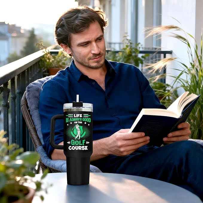 34HD Cool Golfer Tumbler 40oz with Handle and Straw, Life is Always Good on the Golf Course Insulated Travel Coffee Mug, Retirement Birthday & Father's Day Gifts for Dad, Uncle & Grandpa